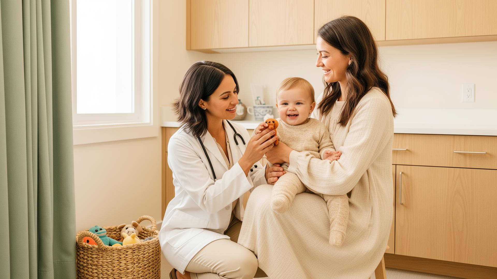 A pediatrician examining a smiling toddler held by her mother in a sunlit family medicine exam room