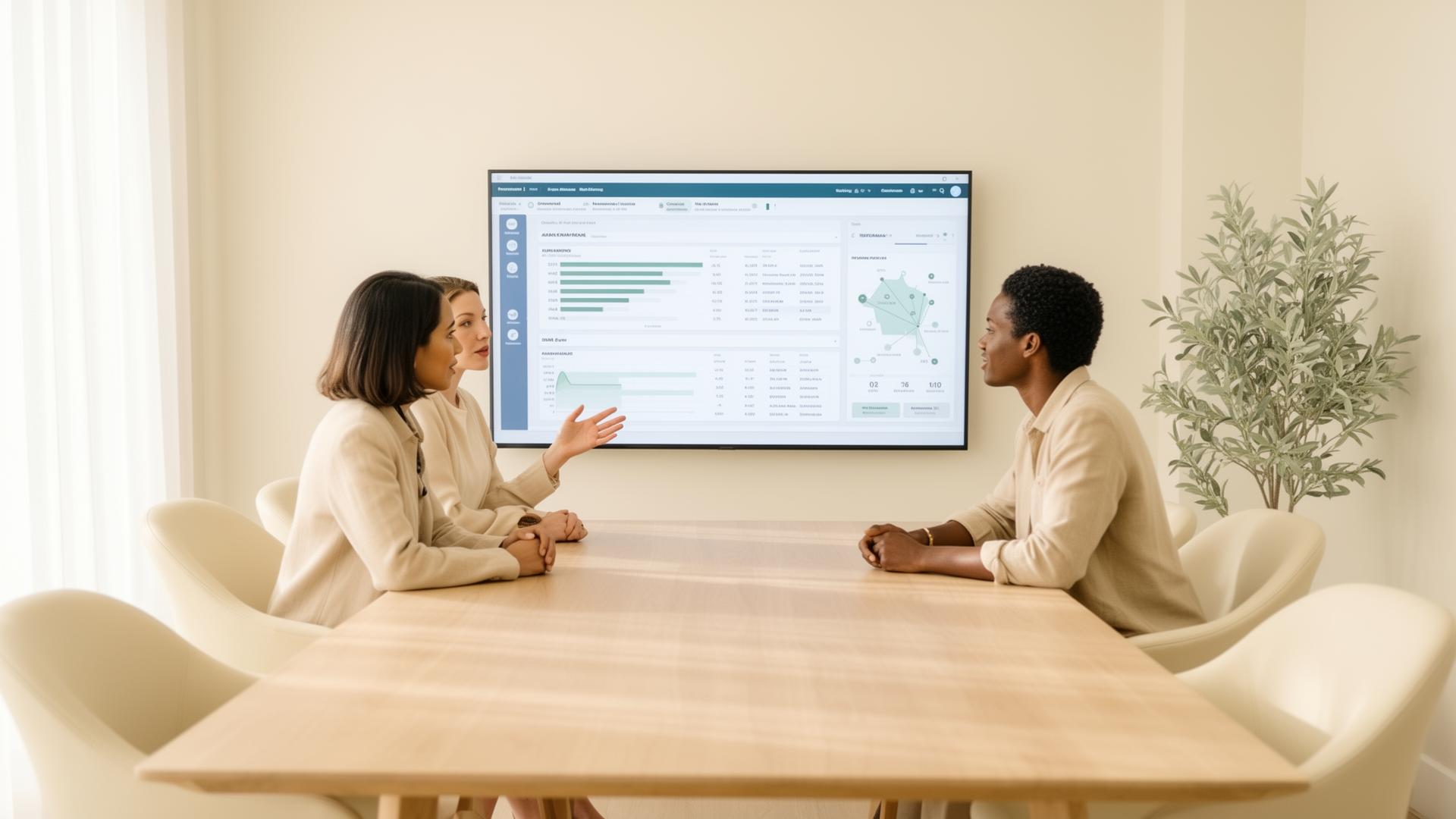 A healthcare operations leadership huddle around a clinical performance dashboard