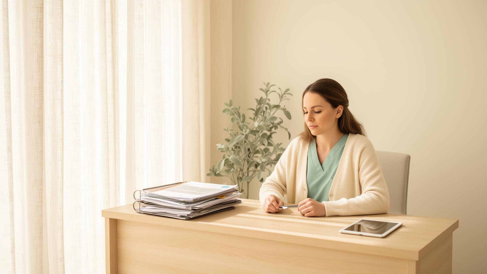 A primary care physician at a sunlit workstation with charts and a tablet